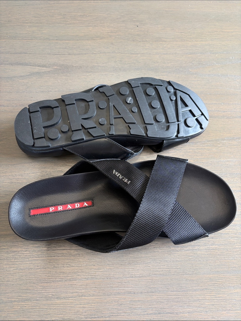 Prada Black Crisscross Logo Rubber Slide Sandals New